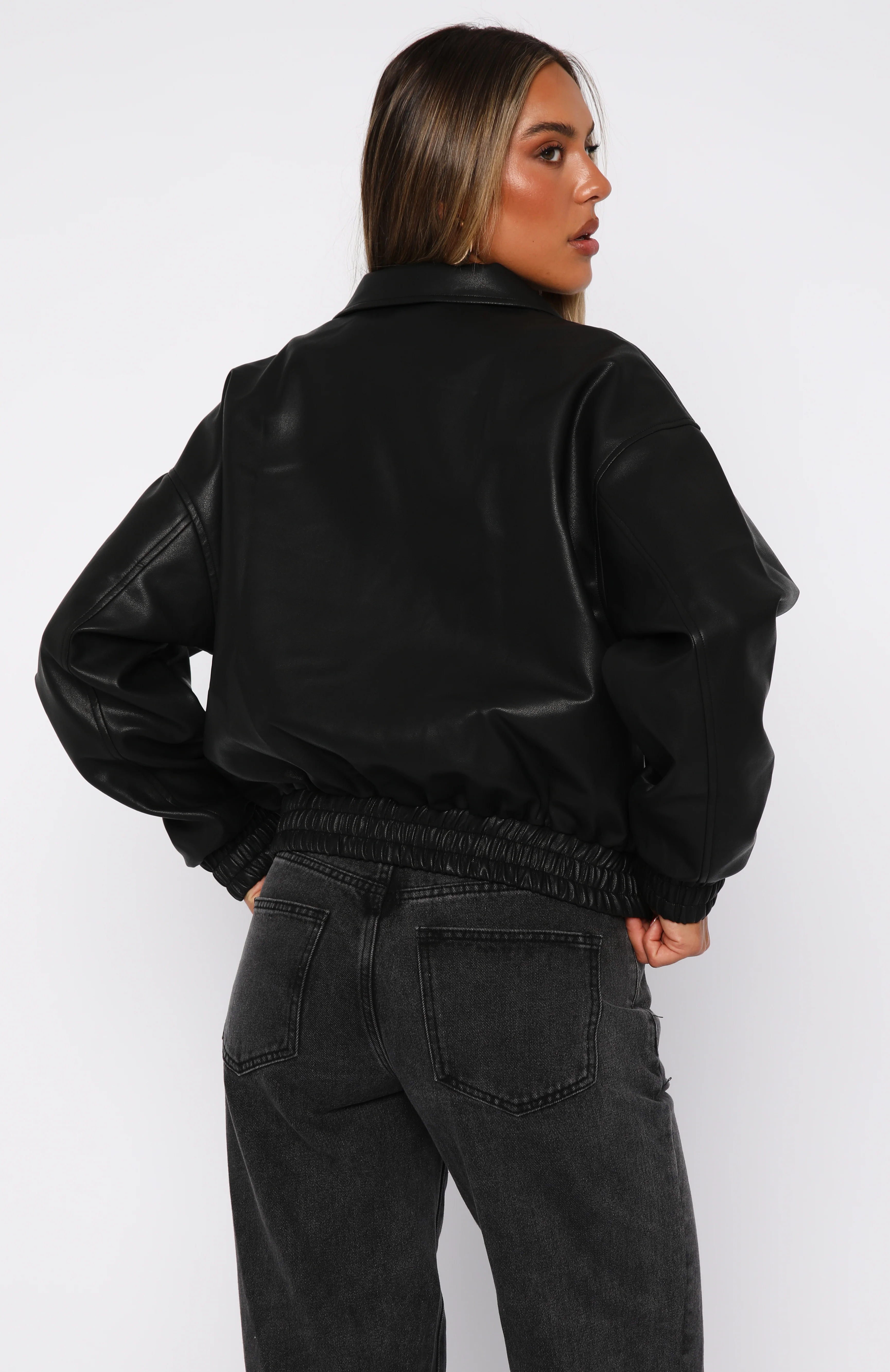 Might Cause Trouble PU Bomber Jacket Black - Image 4