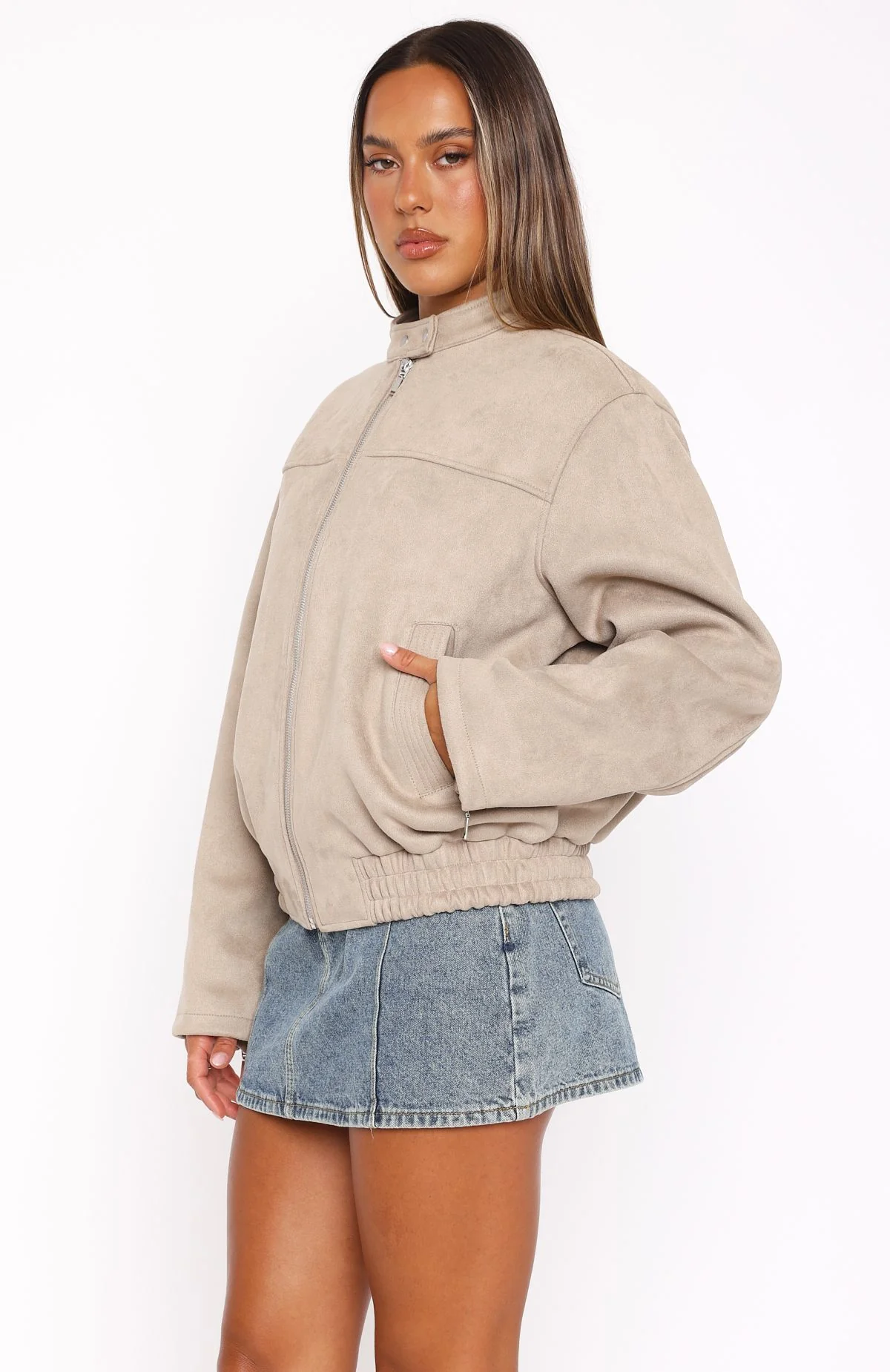 Watchin' Out Faux Suede Bomber Jacket Sand - Image 3