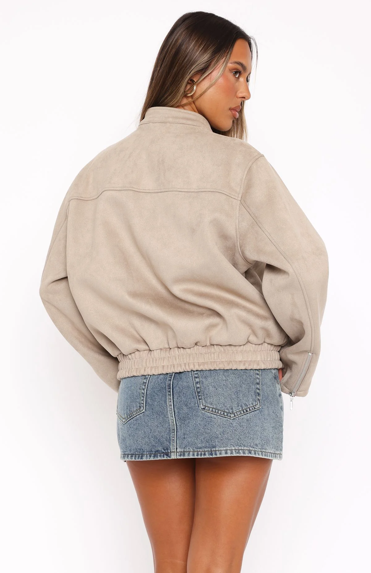 Watchin' Out Faux Suede Bomber Jacket Sand - Image 4