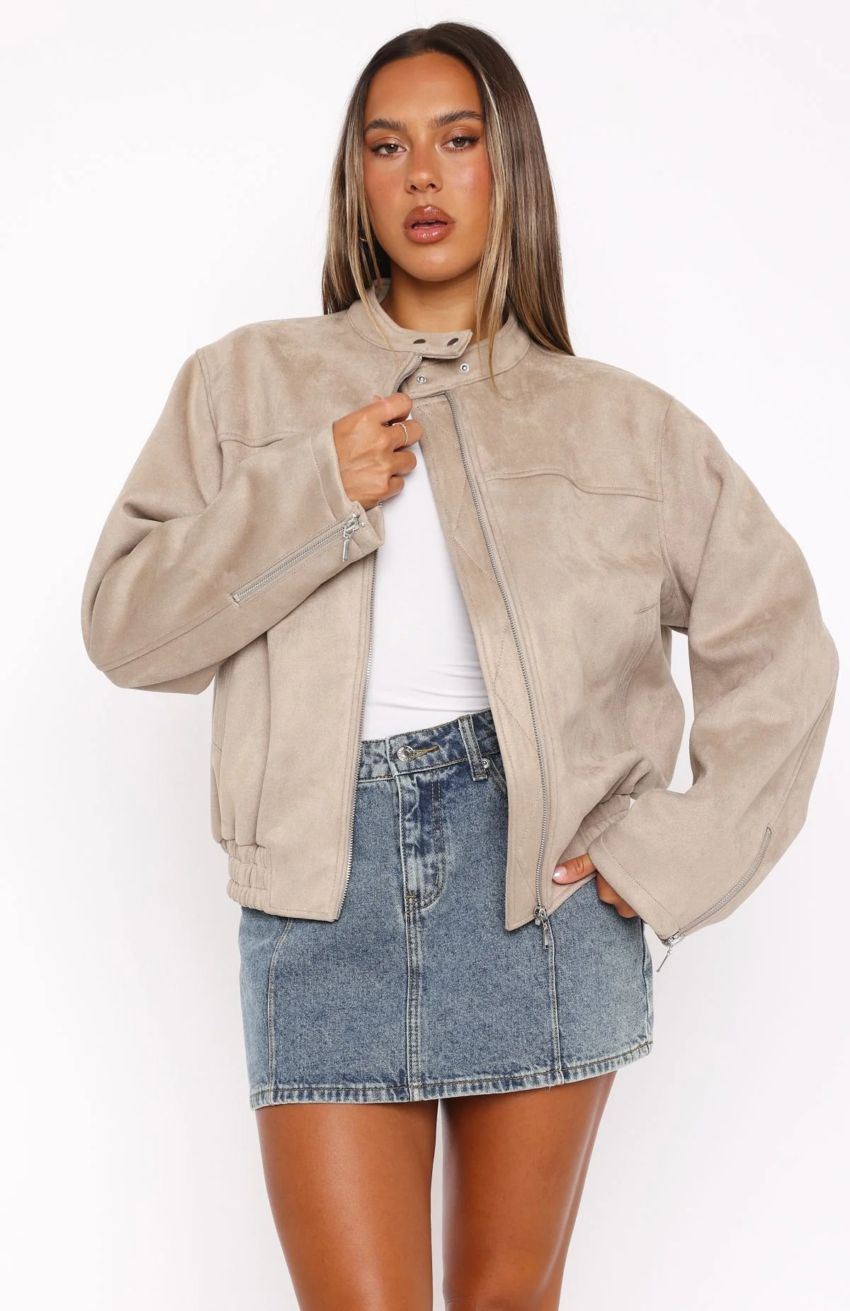 Watchin' Out Faux Suede Bomber Jacket Sand - Image 5